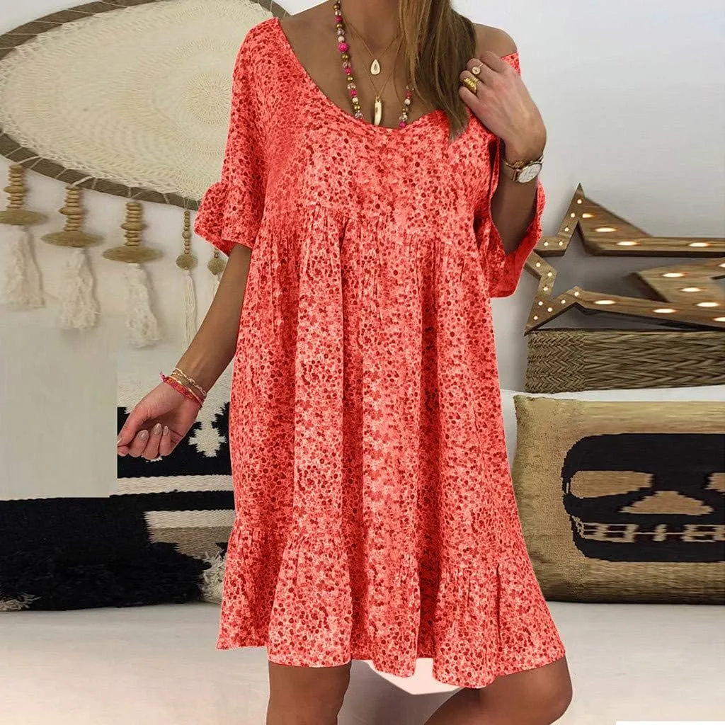 Women's Ladies Sexy Loose Print Hlaf Sleeve Ruffles Mini Dress Summer Dress Ruffle Sleeve Dress for Women Casual