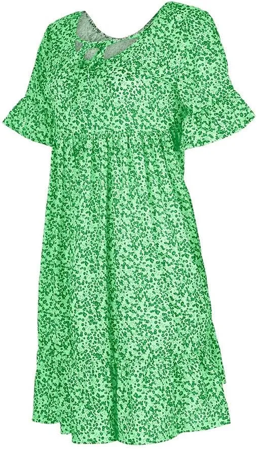 Women's Ladies Sexy Loose Print Hlaf Sleeve Ruffles Mini Dress Summer Dress Ruffle Sleeve Dress for Women Casual