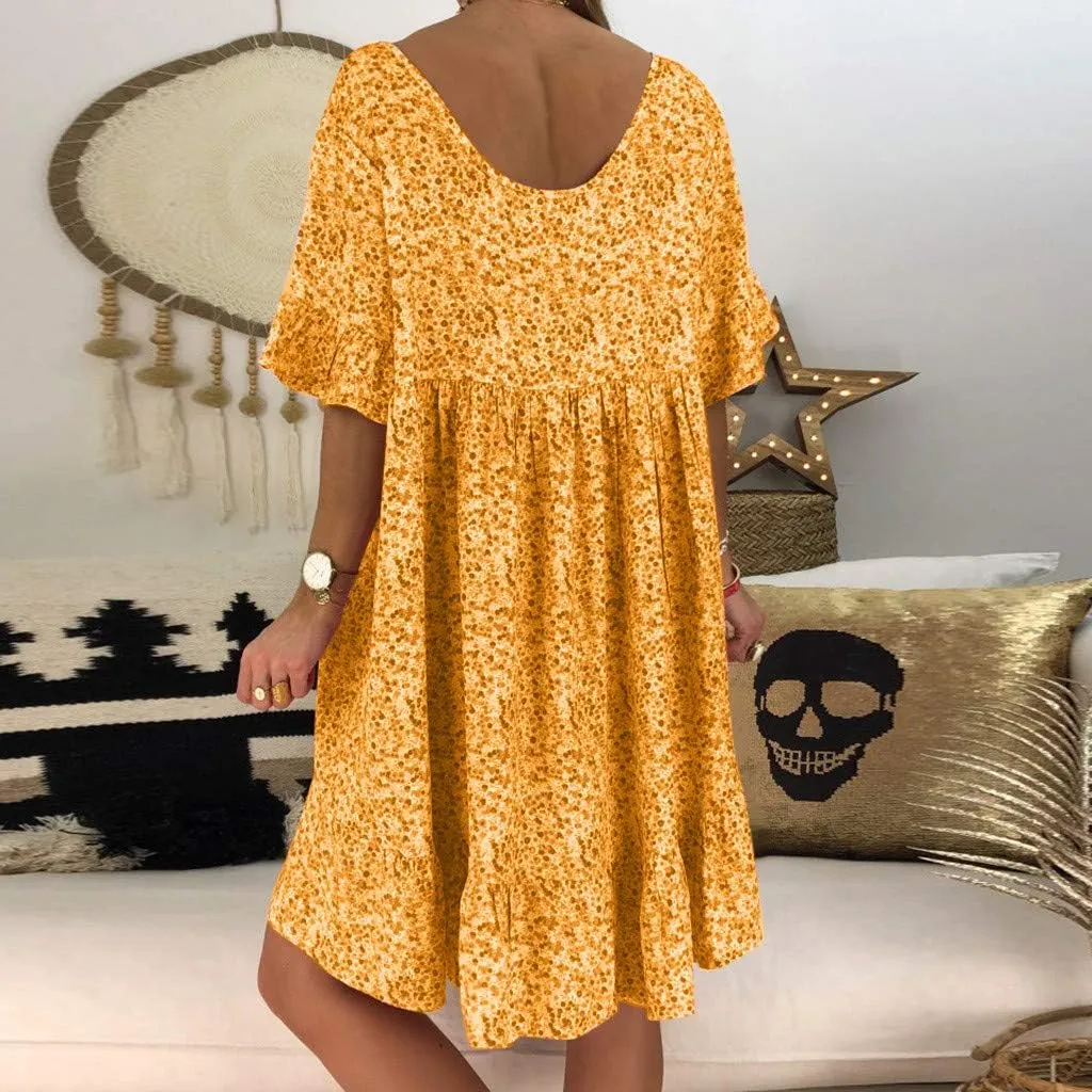Women's Ladies Sexy Loose Print Hlaf Sleeve Ruffles Mini Dress Summer Dress Ruffle Sleeve Dress for Women Casual