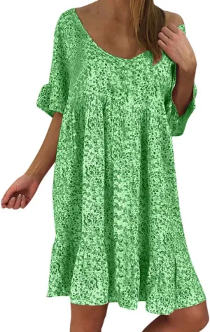 Women's Ladies Sexy Loose Print Hlaf Sleeve Ruffles Mini Dress Summer Dress Ruffle Sleeve Dress for Women Casual