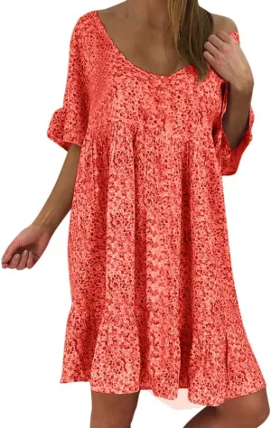 Women's Ladies Sexy Loose Print Hlaf Sleeve Ruffles Mini Dress Summer Dress Ruffle Sleeve Dress for Women Casual