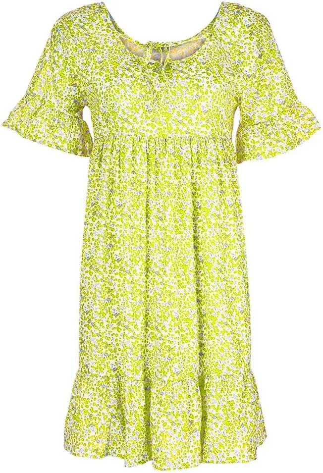 Women's Ladies Sexy Loose Print Hlaf Sleeve Ruffles Mini Dress Summer Dress Ruffle Sleeve Dress for Women Casual