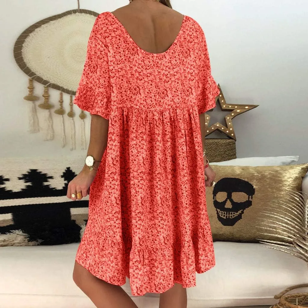 Women's Ladies Sexy Loose Print Hlaf Sleeve Ruffles Mini Dress Summer Dress Ruffle Sleeve Dress for Women Casual