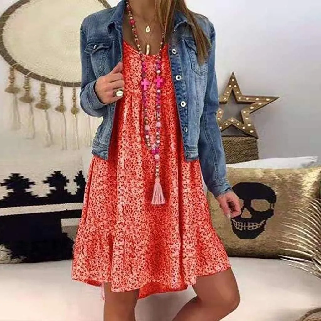 Women's Ladies Sexy Loose Print Hlaf Sleeve Ruffles Mini Dress Summer Dress Ruffle Sleeve Dress for Women Casual