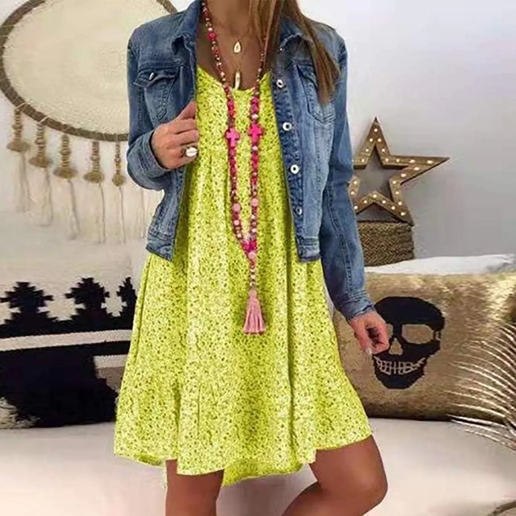 Women's Ladies Sexy Loose Print Hlaf Sleeve Ruffles Mini Dress Summer Dress Ruffle Sleeve Dress for Women Casual