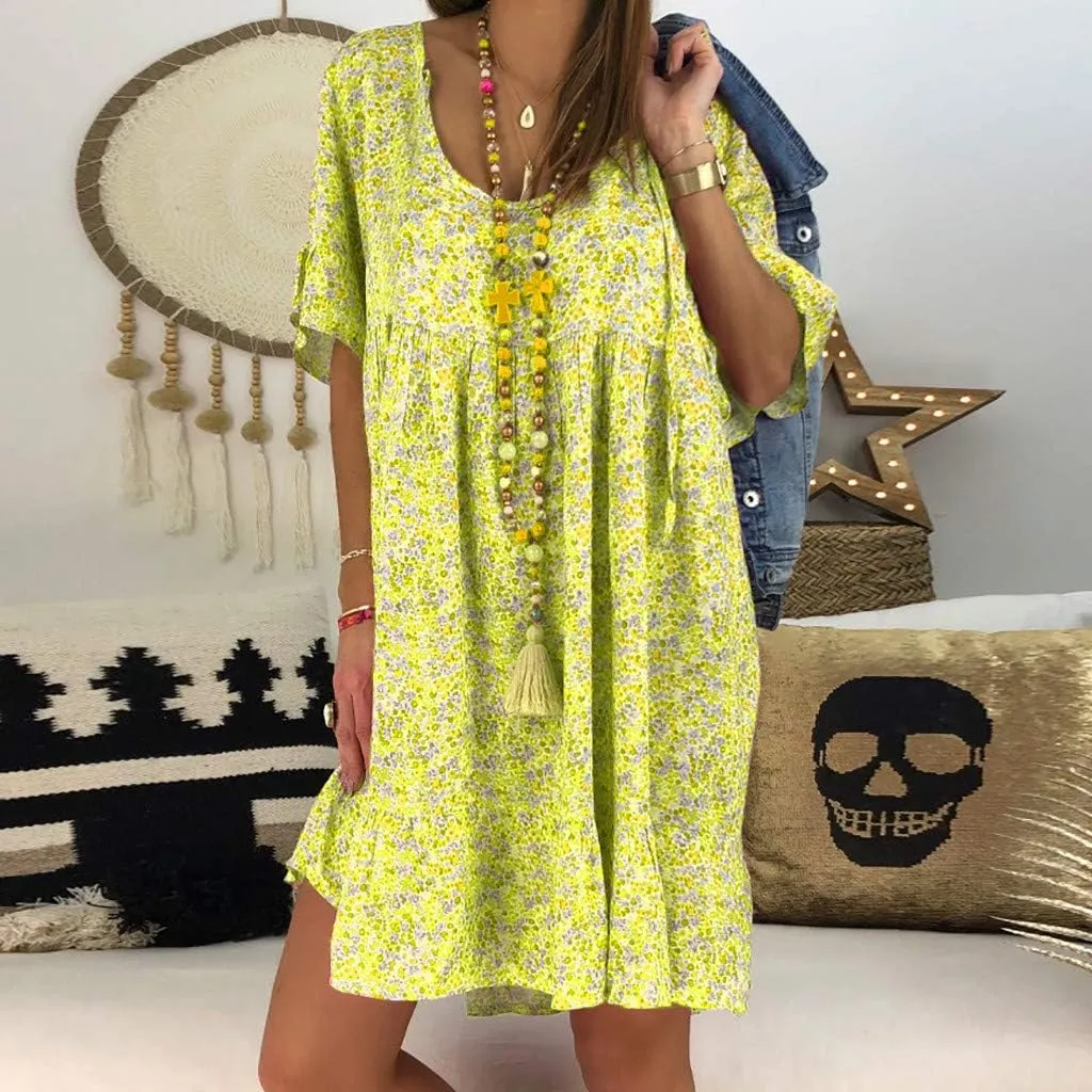 Women's Ladies Sexy Loose Print Hlaf Sleeve Ruffles Mini Dress Summer Dress Ruffle Sleeve Dress for Women Casual