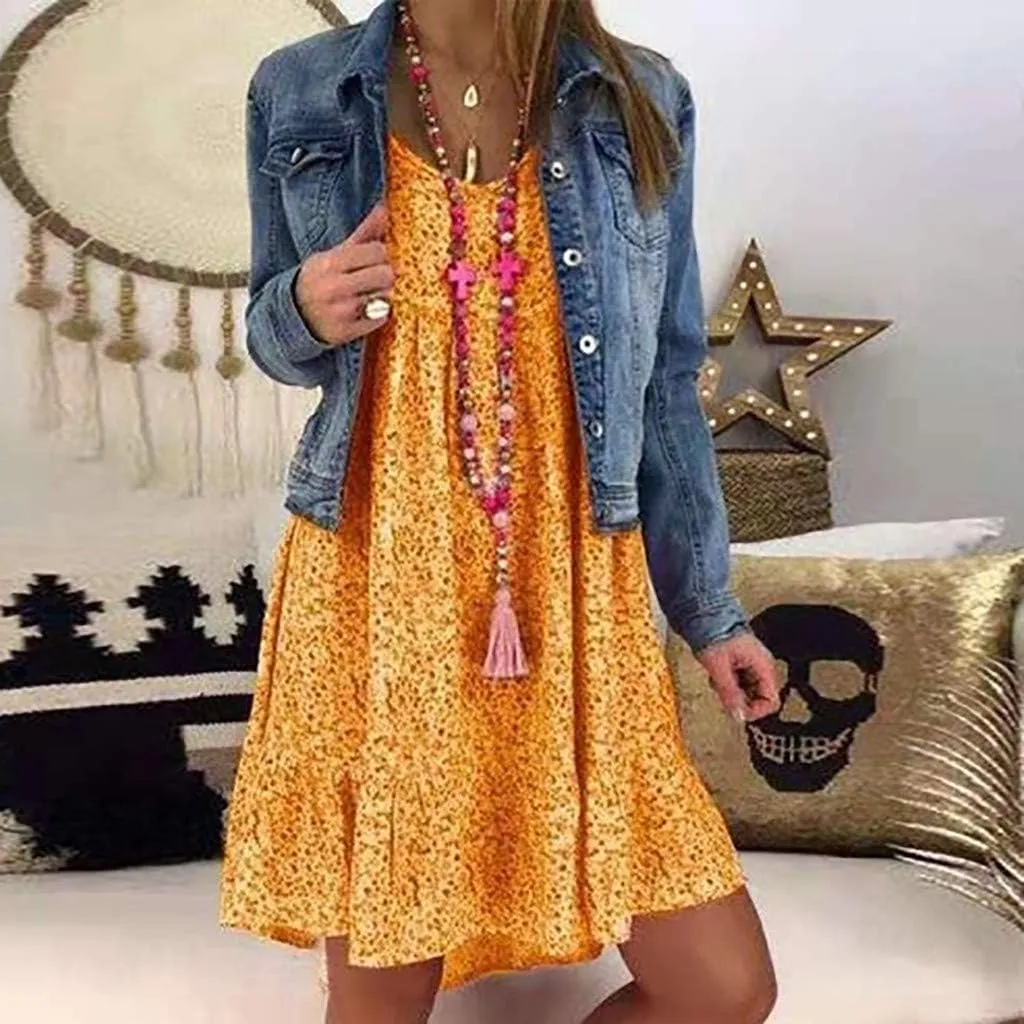 Women's Ladies Sexy Loose Print Hlaf Sleeve Ruffles Mini Dress Summer Dress Ruffle Sleeve Dress for Women Casual