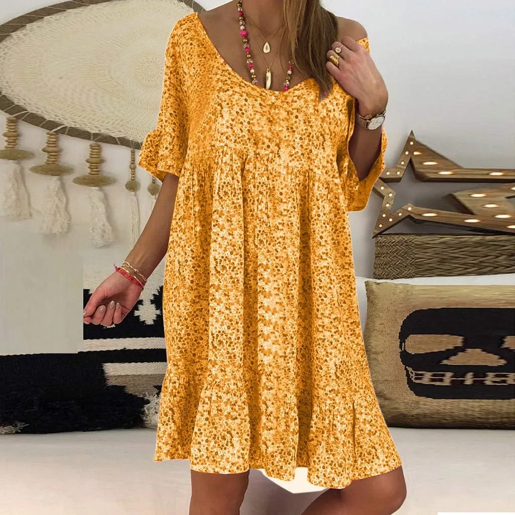 Women's Ladies Sexy Loose Print Hlaf Sleeve Ruffles Mini Dress Summer Dress Ruffle Sleeve Dress for Women Casual