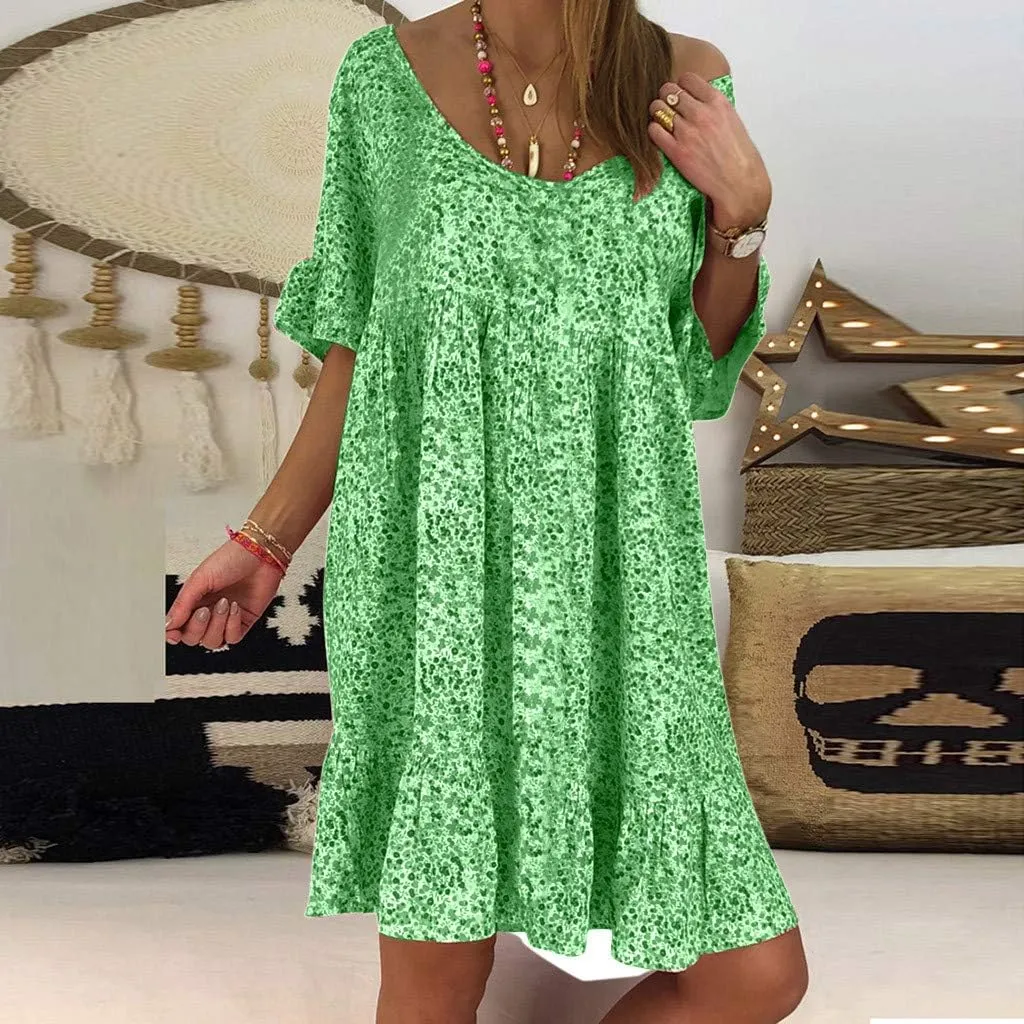 Women's Ladies Sexy Loose Print Hlaf Sleeve Ruffles Mini Dress Summer Dress Womens Casual Maxi Dresses