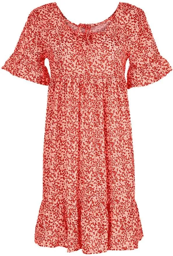 Women's Ladies Sexy Loose Print Hlaf Sleeve Ruffles Mini Dress Summer Dress Womens Casual Maxi Dresses