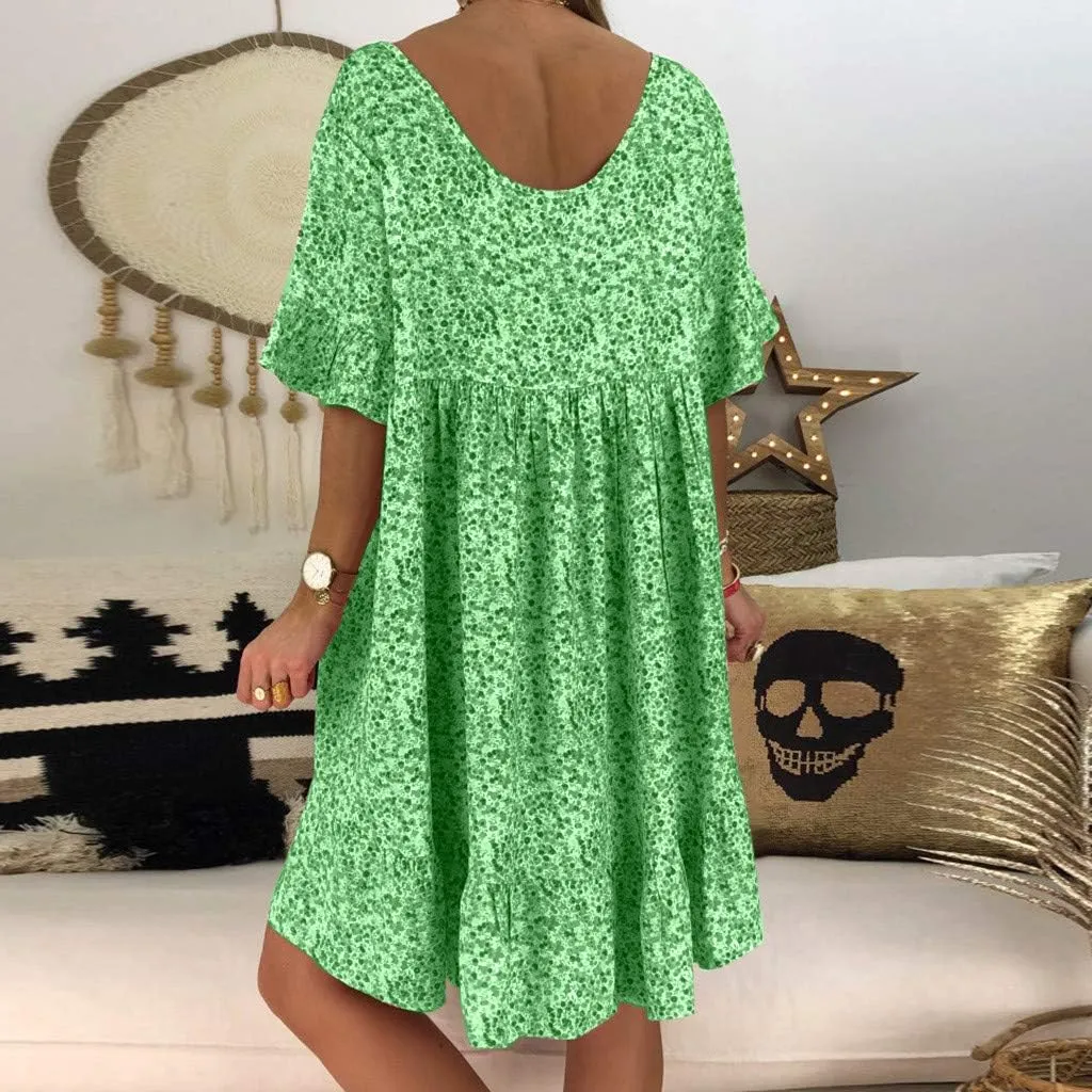 Women's Ladies Sexy Loose Print Hlaf Sleeve Ruffles Mini Dress Summer Dress Womens Casual Maxi Dresses