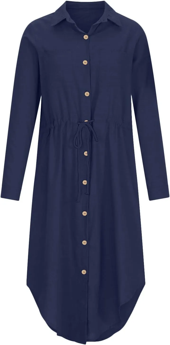 Women's Long Sleeve Cotton Linen Midi Dresses Solid Color Collared Tunic Dress Button Up Casual Beach Long Dress