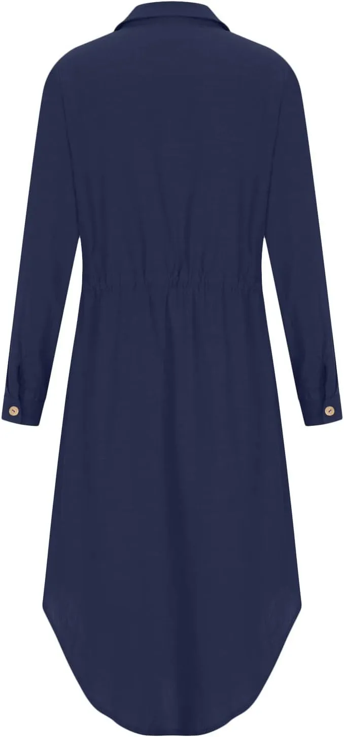 Women's Long Sleeve Cotton Linen Midi Dresses Solid Color Collared Tunic Dress Button Up Casual Beach Long Dress