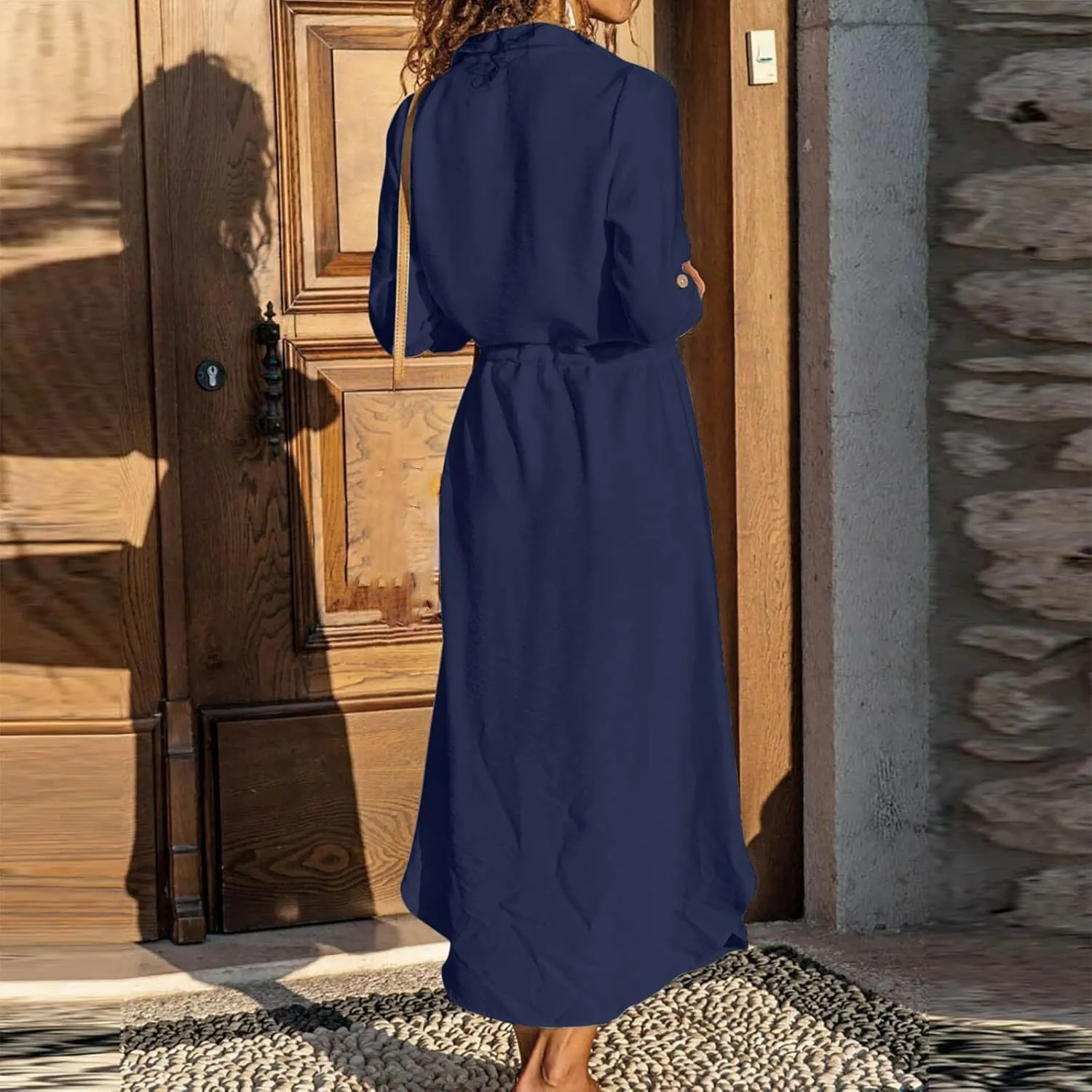 Women's Long Sleeve Cotton Linen Midi Dresses Solid Color Collared Tunic Dress Button Up Casual Beach Long Dress