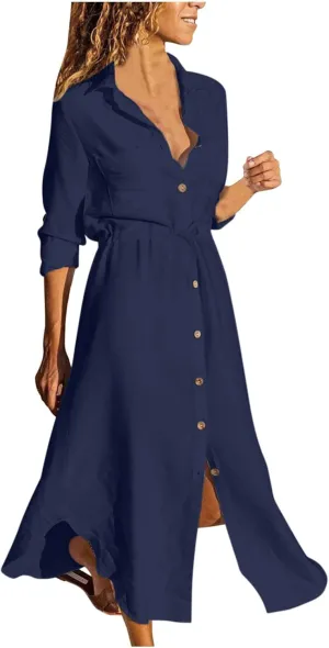 Women's Long Sleeve Cotton Linen Midi Dresses Solid Color Collared Tunic Dress Button Up Casual Beach Long Dress