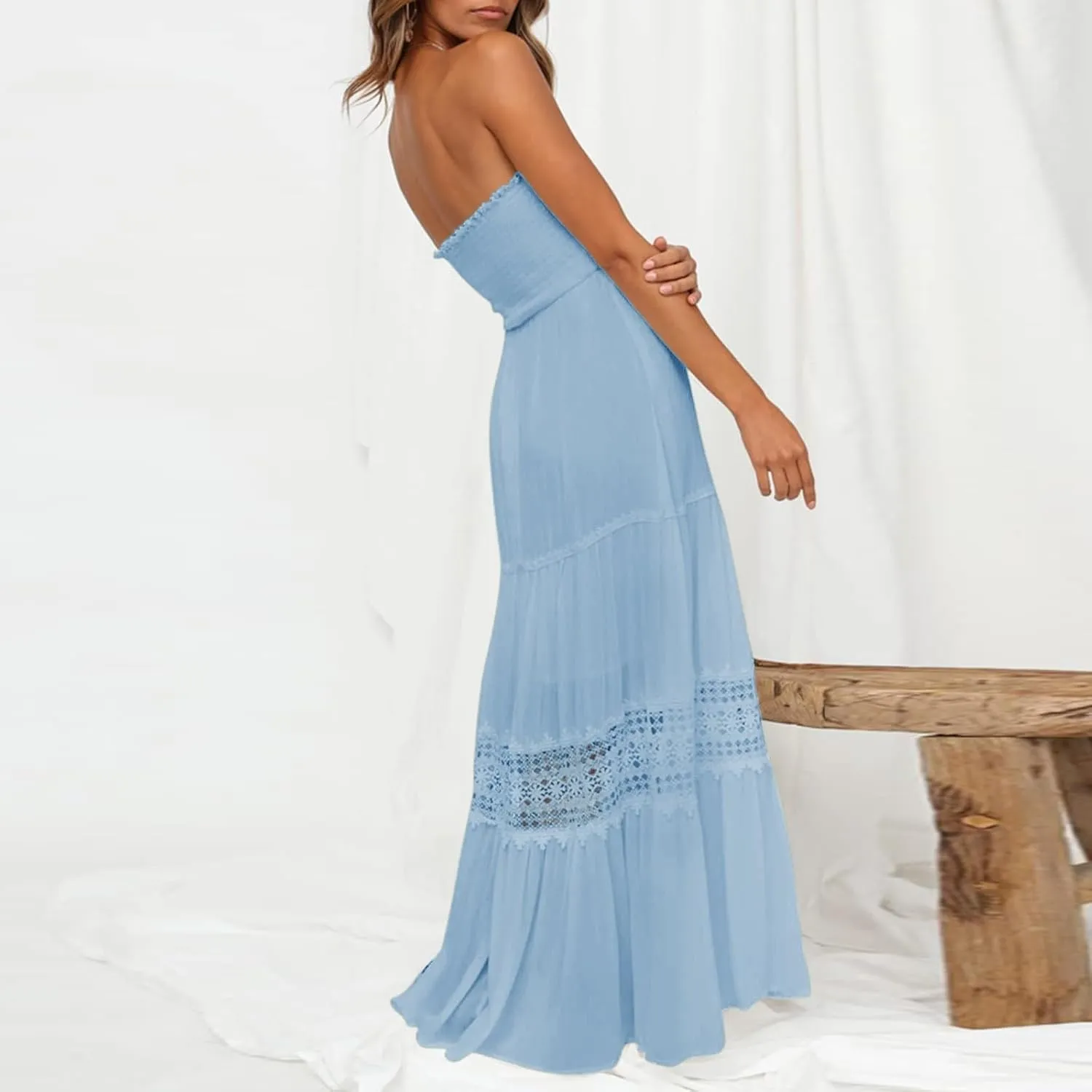 Women's Maxi Dress 2025 Summer Off Shoulder Smocked Tiered Ruffle Long Flowy Dresses Casual Beach Sundress