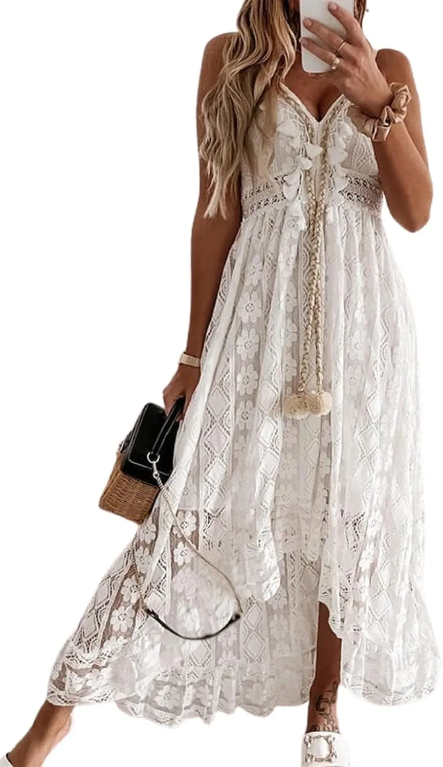 Women's Maxi Dress Lace Dresses Boho Tassel V-Neck Flare Ruffle Adjustable Straps Beach Summer Long Dress