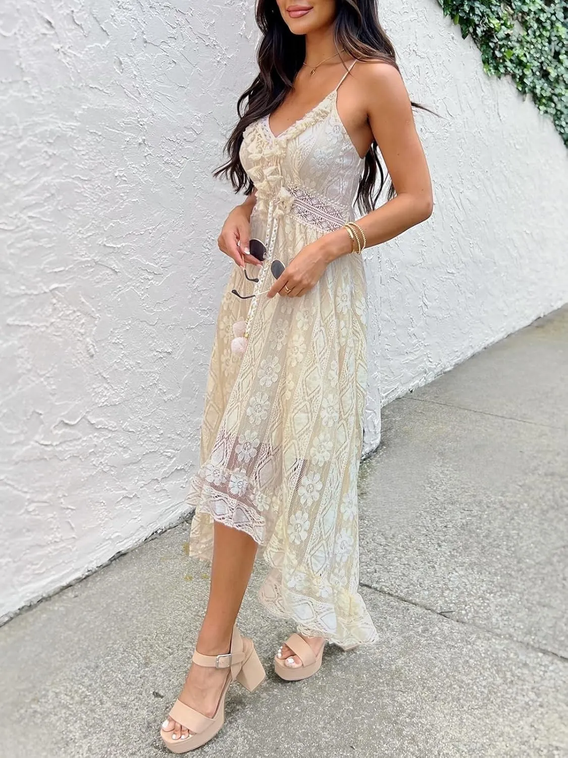 Women's Maxi Dress Lace Dresses Boho Tassel V-Neck Flare Ruffle Adjustable Straps Beach Summer Long Dress