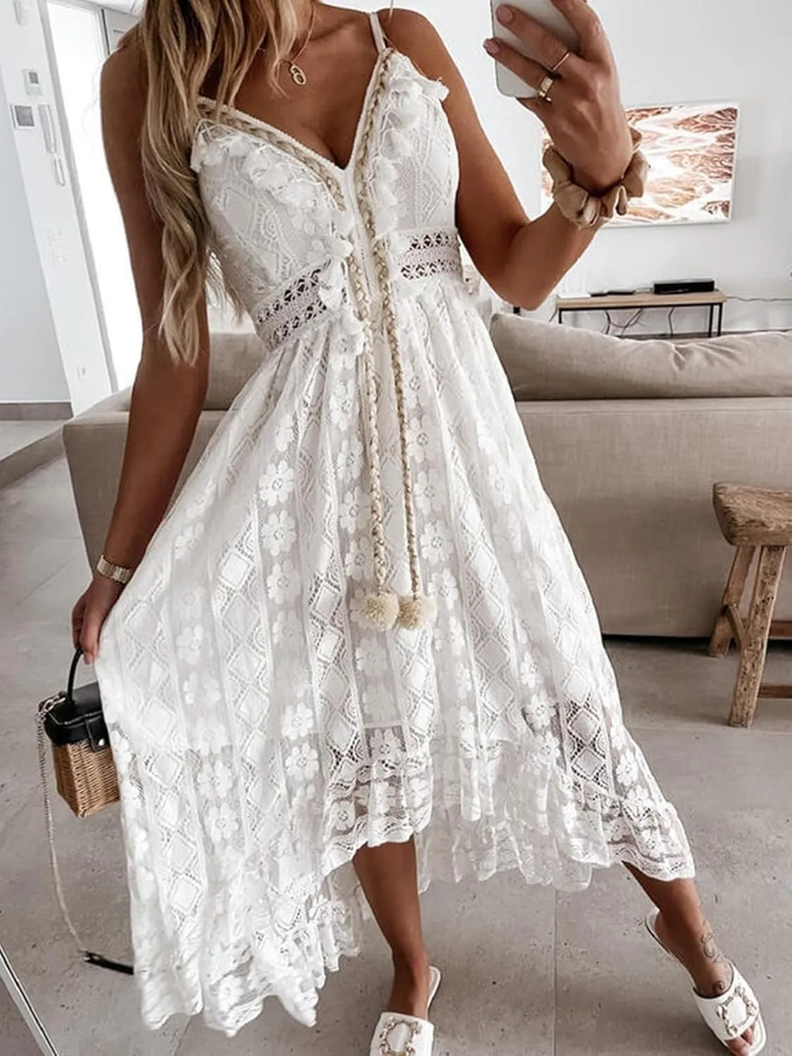 Women's Maxi Dress Lace Dresses Boho Tassel V-Neck Flare Ruffle Adjustable Straps Beach Summer Long Dress