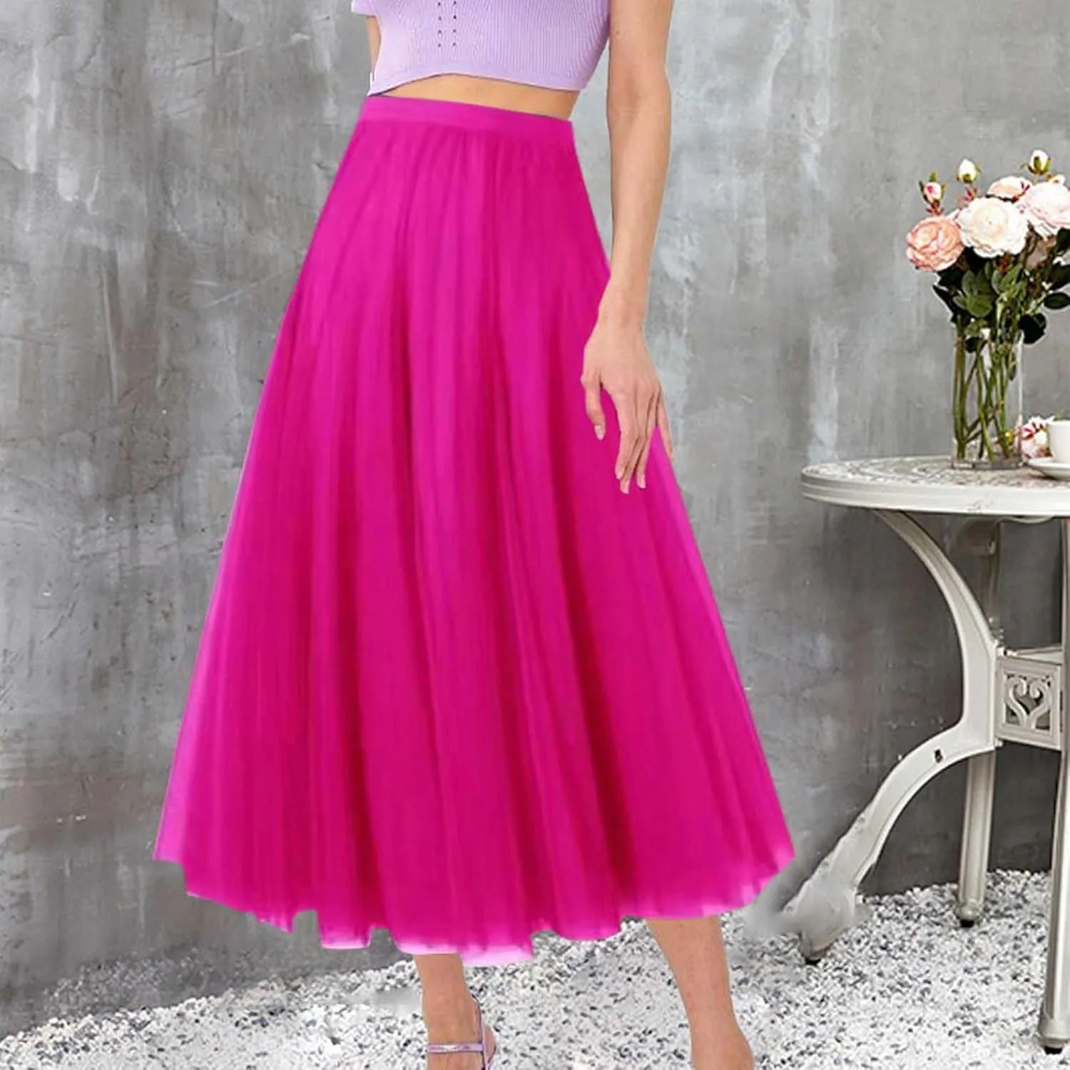 Women's Pleated Skirt Mesh Skirt Fairy Skirt Mid Length Long Skirt Dance Skirt Scrub Skirt