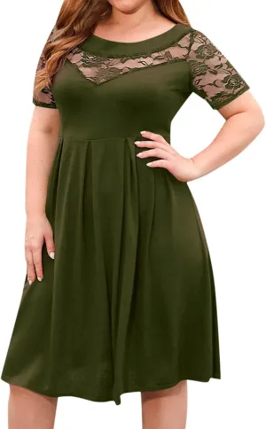 Women's Plus Size Short Sleeve Lace Midi Dress Pleated Casual Summer Flowy Midi Dresses with Pockets