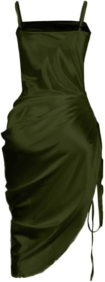 Women's Satin Lace up Backless High Slit Dress Asymmetric Hem Club Clubwear Midi Elegant Dresses for Evening Party