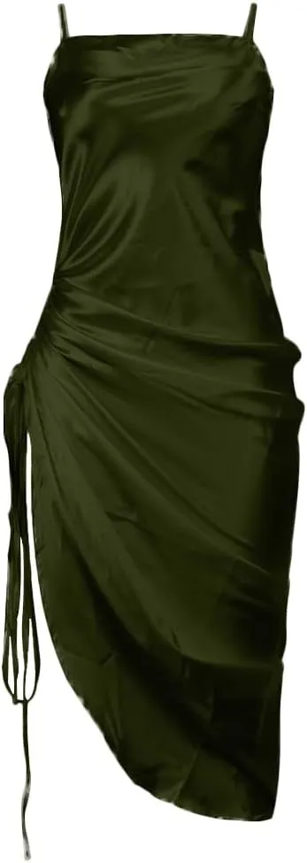 Women's Satin Lace up Backless High Slit Dress Asymmetric Hem Club Clubwear Midi Elegant Dresses for Evening Party
