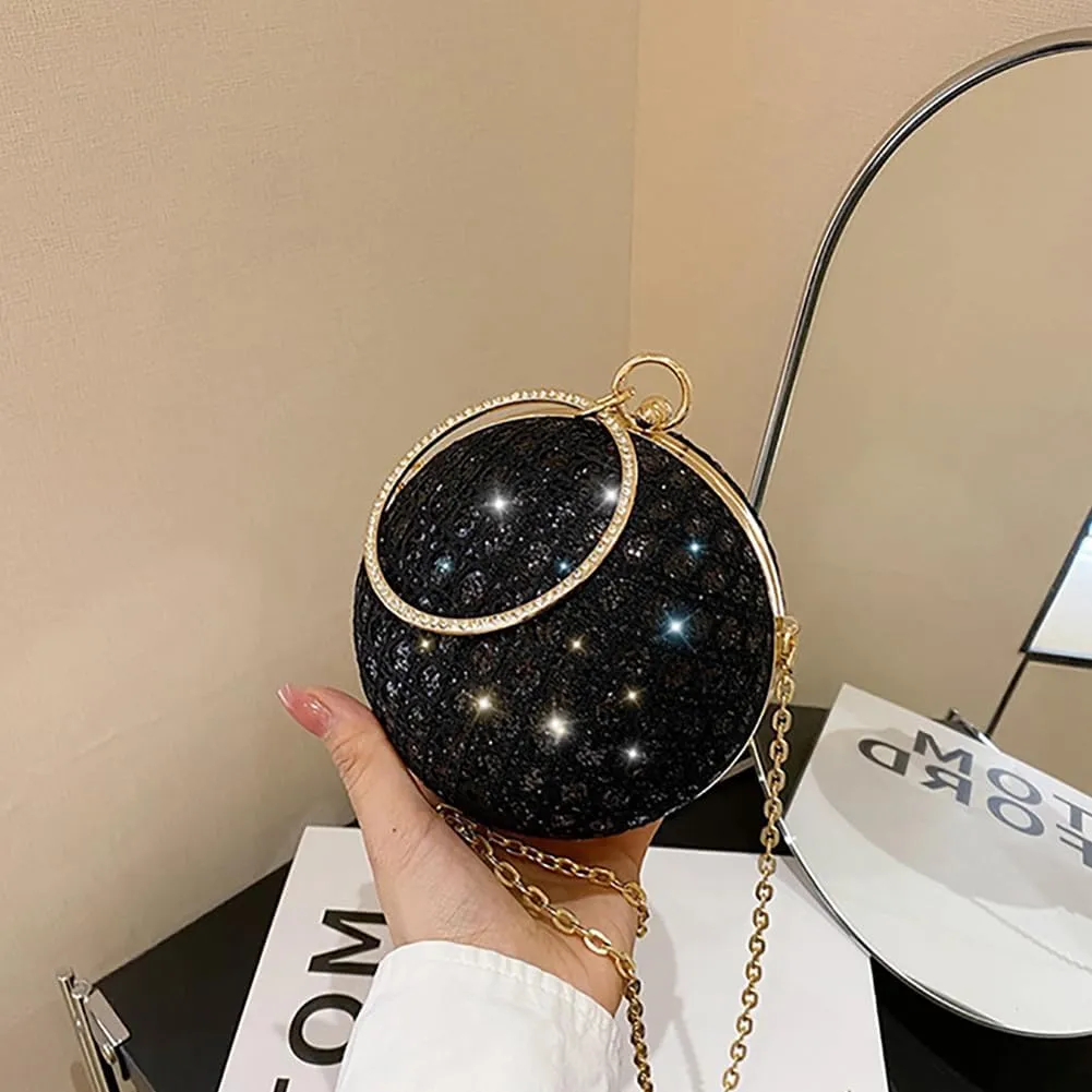 Women's Sequin Glitter Ball Sparkly Diamond Shoulder Bag, Vintage Chain Clutch Crossbody Bag, Ring Dinner Party Tote Purse