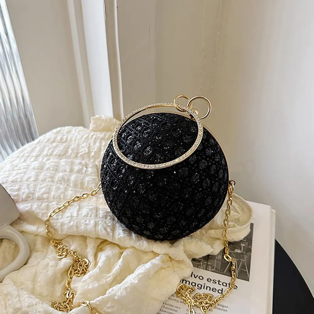 Women's Sequin Glitter Ball Sparkly Diamond Shoulder Bag, Vintage Chain Clutch Crossbody Bag, Ring Dinner Party Tote Purse