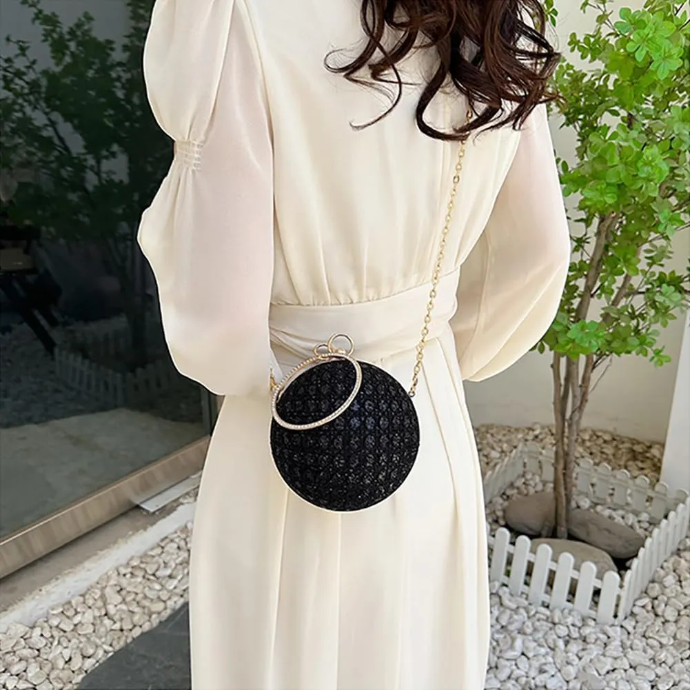 Women's Sequin Glitter Ball Sparkly Diamond Shoulder Bag, Vintage Chain Clutch Crossbody Bag, Ring Dinner Party Tote Purse