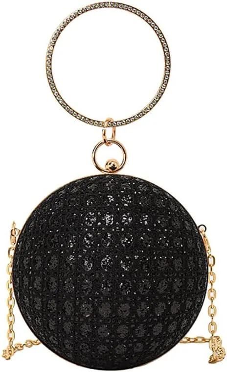 Women's Sequin Glitter Ball Sparkly Diamond Shoulder Bag, Vintage Chain Clutch Crossbody Bag, Ring Dinner Party Tote Purse
