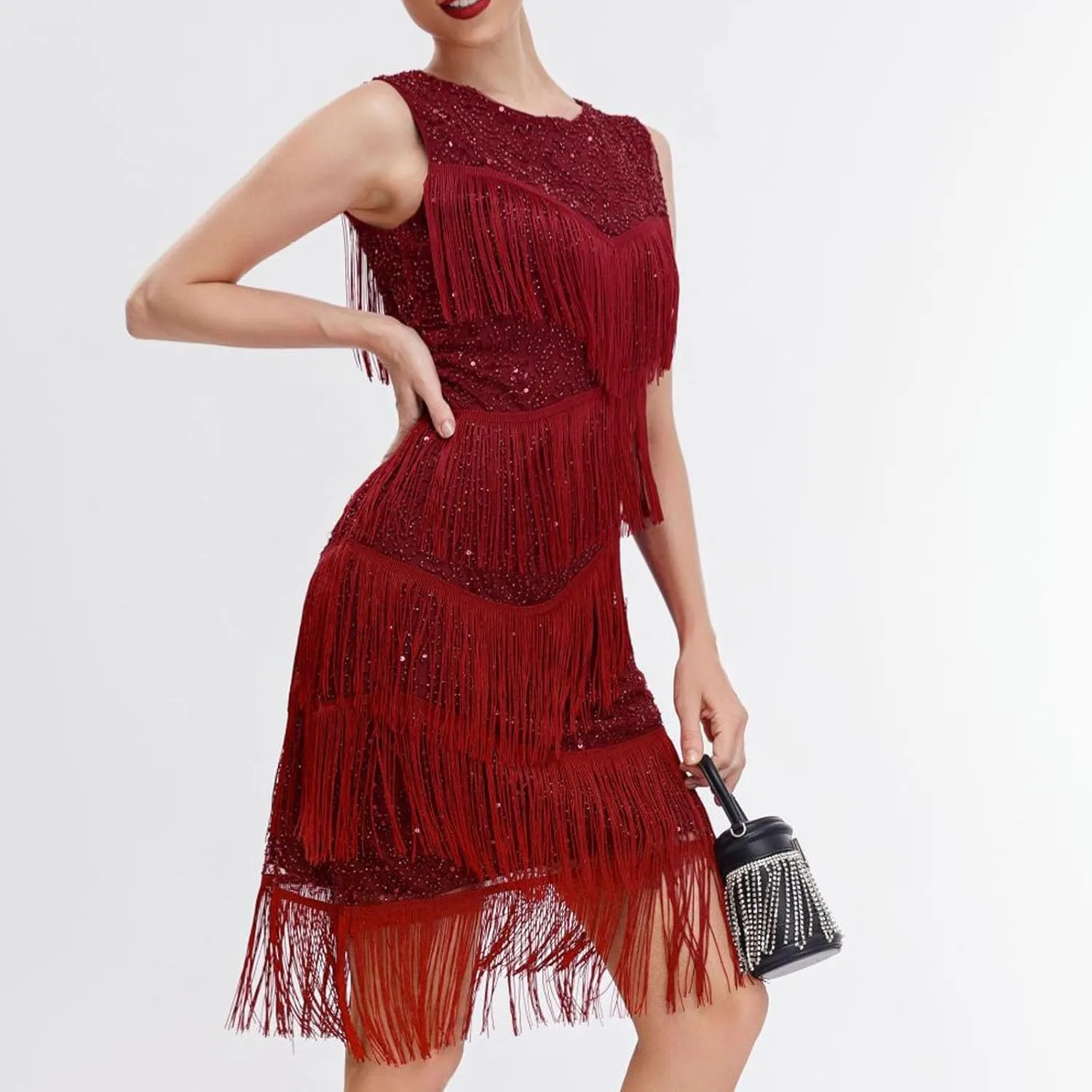 Women's Sexy Elegant Round Neck Sleeveless Bodycon Dress Solid Color Sequins Tassels Prom Party Cocktail Dresses