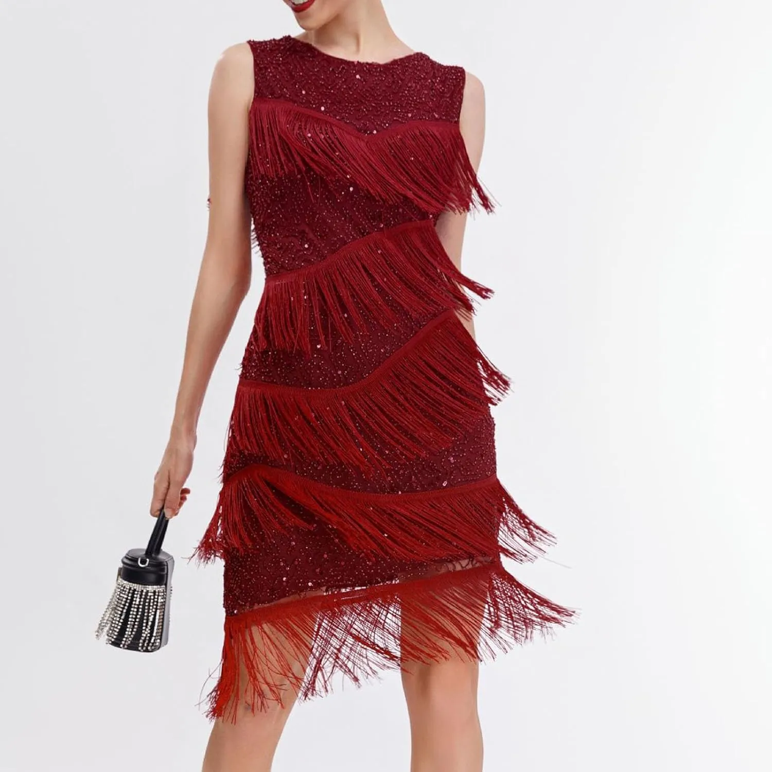 Women's Sexy Elegant Round Neck Sleeveless Bodycon Dress Solid Color Sequins Tassels Prom Party Cocktail Dresses