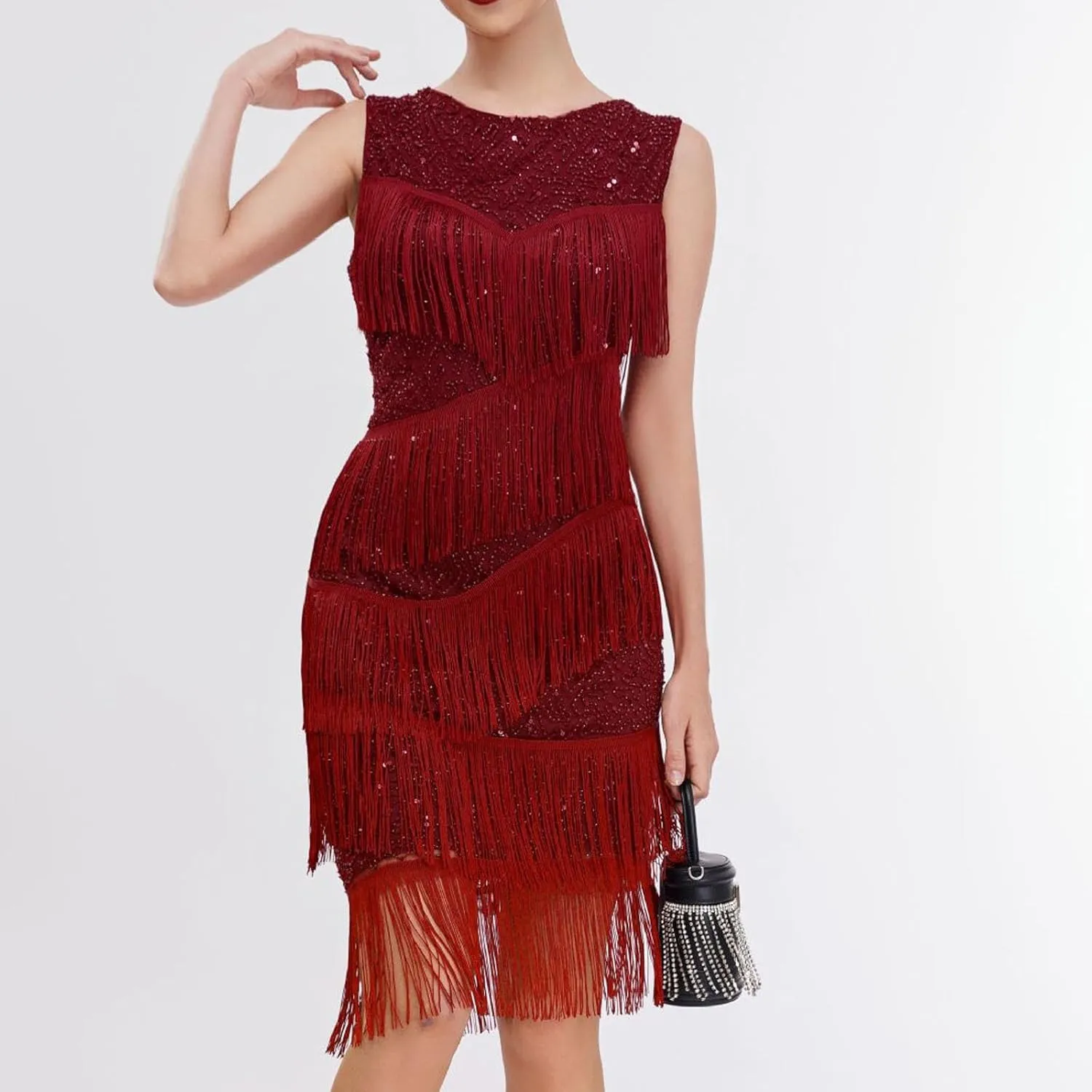 Women's Sexy Elegant Round Neck Sleeveless Bodycon Dress Solid Color Sequins Tassels Prom Party Cocktail Dresses