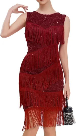 Women's Sexy Elegant Round Neck Sleeveless Bodycon Dress Solid Color Sequins Tassels Prom Party Cocktail Dresses