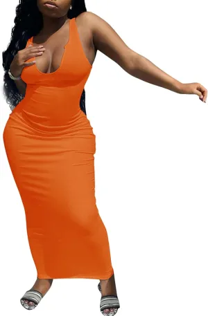 Womens Sexy Sleeveless Causal Scoop Neck Ottoman Ribbed Dress Basic Racerback Bodycon Long Maxi Tank Dress