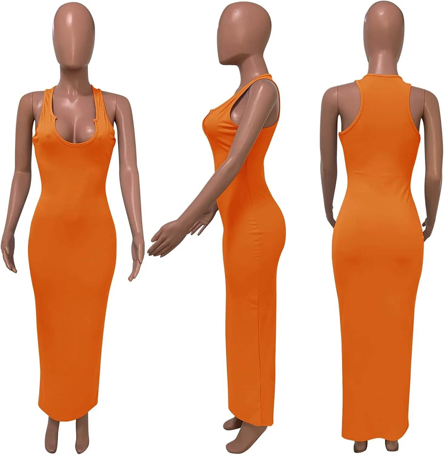 Womens Sexy Sleeveless Causal Scoop Neck Ottoman Ribbed Dress Basic Racerback Bodycon Long Maxi Tank Dress