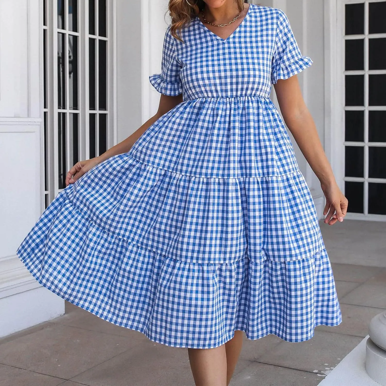 Womens Short Sleeve Dresses Summer Fashion Casual V Neck Plaid Print Ruffles Pleated Smocked Loose Swing Mini Dress