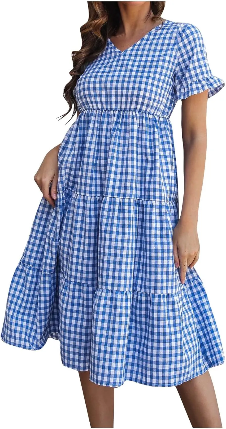 Womens Short Sleeve Dresses Summer Fashion Casual V Neck Plaid Print Ruffles Pleated Smocked Loose Swing Mini Dress