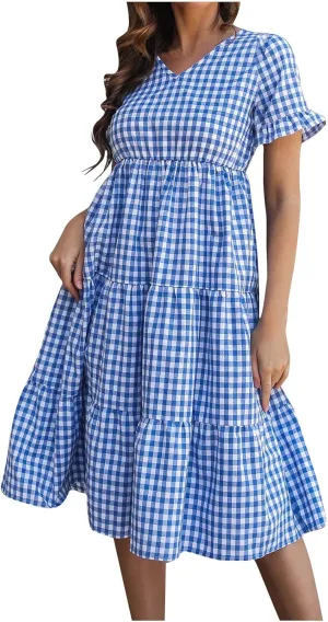 Womens Short Sleeve Dresses Summer Fashion Casual V Neck Plaid Print Ruffles Pleated Smocked Loose Swing Mini Dress