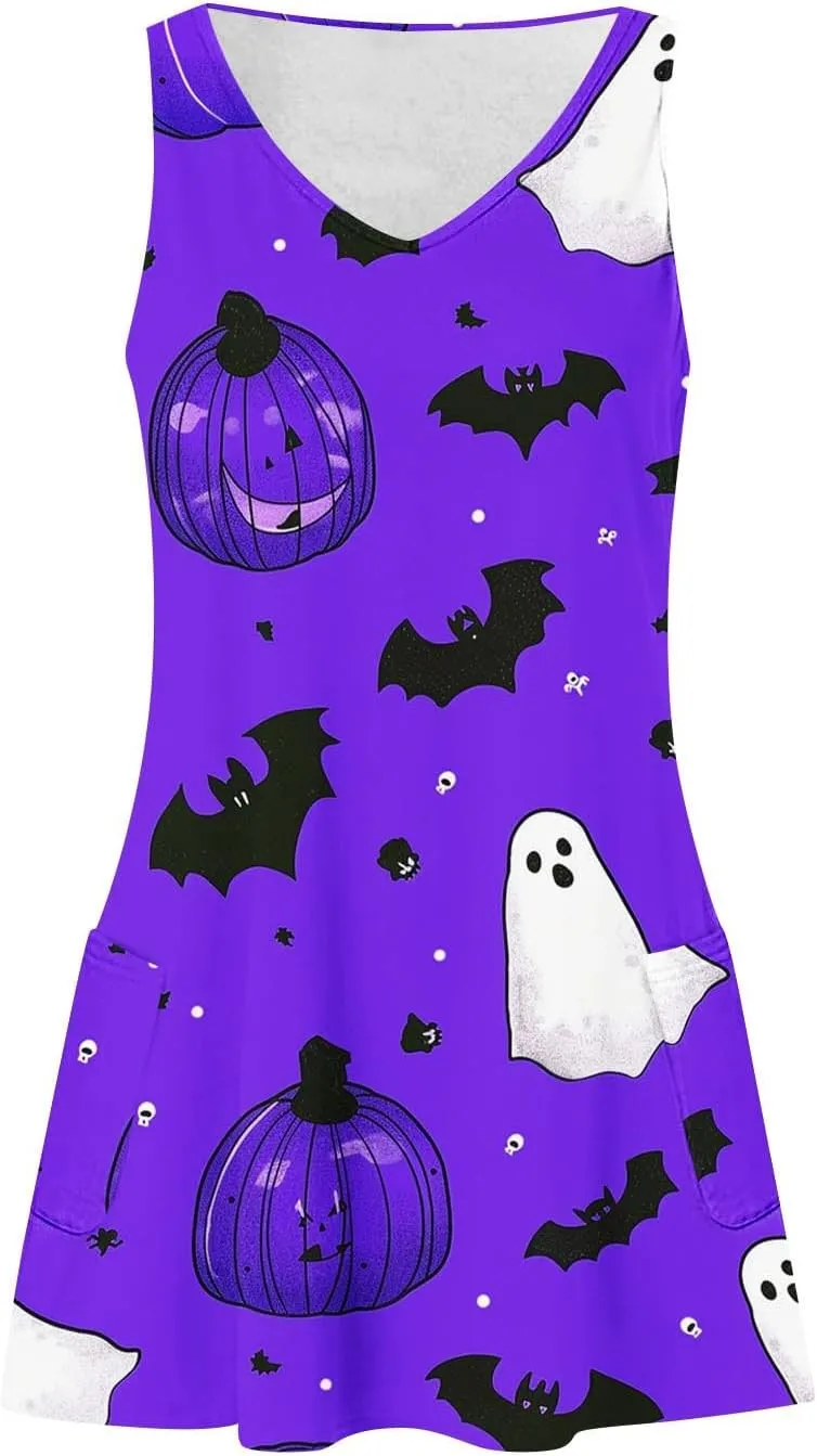 Women's Sleeveless Halloween Mini Dress Crew Neck Pumpkins Ghost Printing Cute Fashion Casual Dresses
