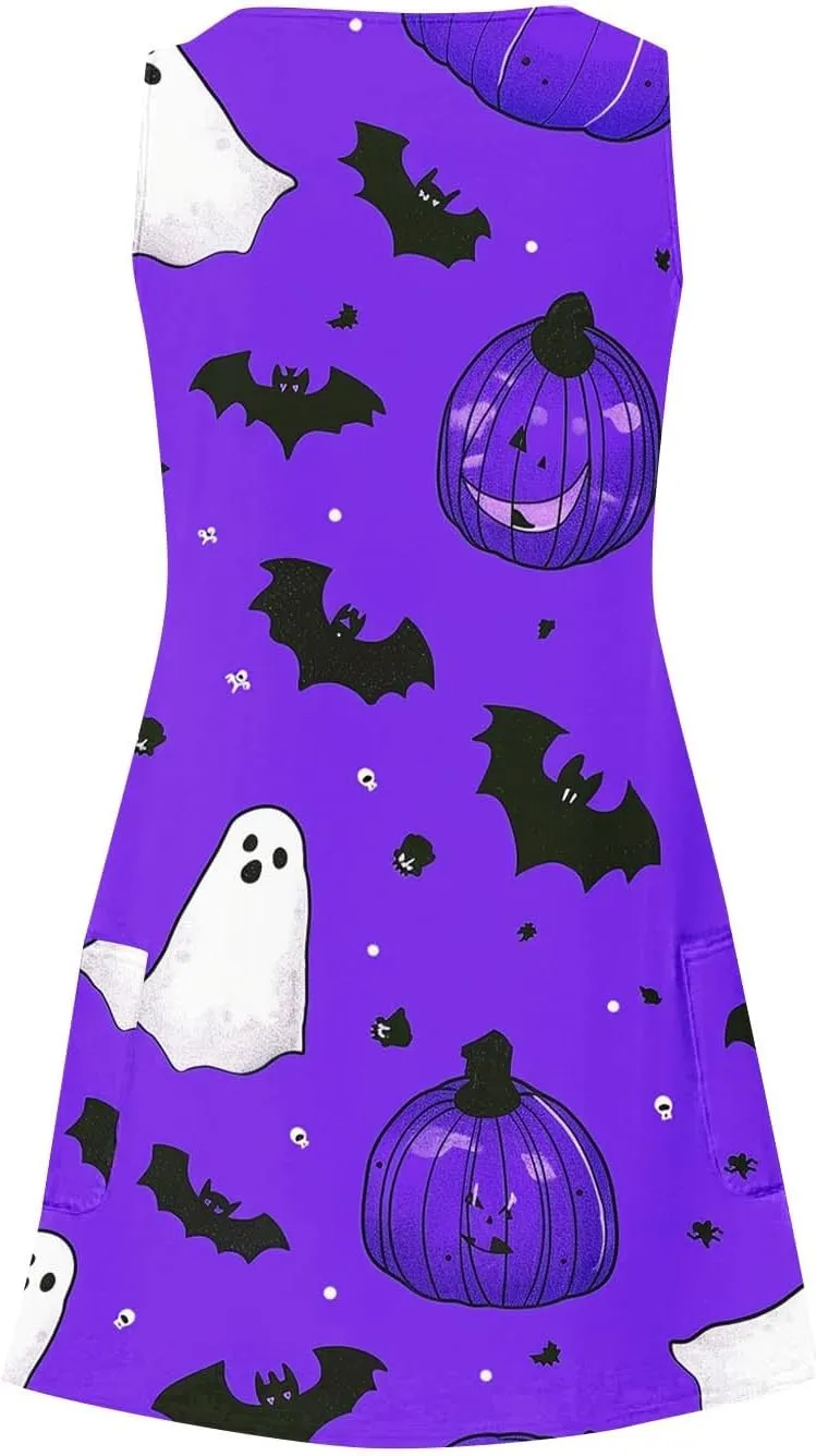 Women's Sleeveless Halloween Mini Dress Crew Neck Pumpkins Ghost Printing Cute Fashion Casual Dresses