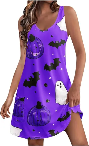 Women's Sleeveless Halloween Mini Dress Crew Neck Pumpkins Ghost Printing Cute Fashion Casual Dresses