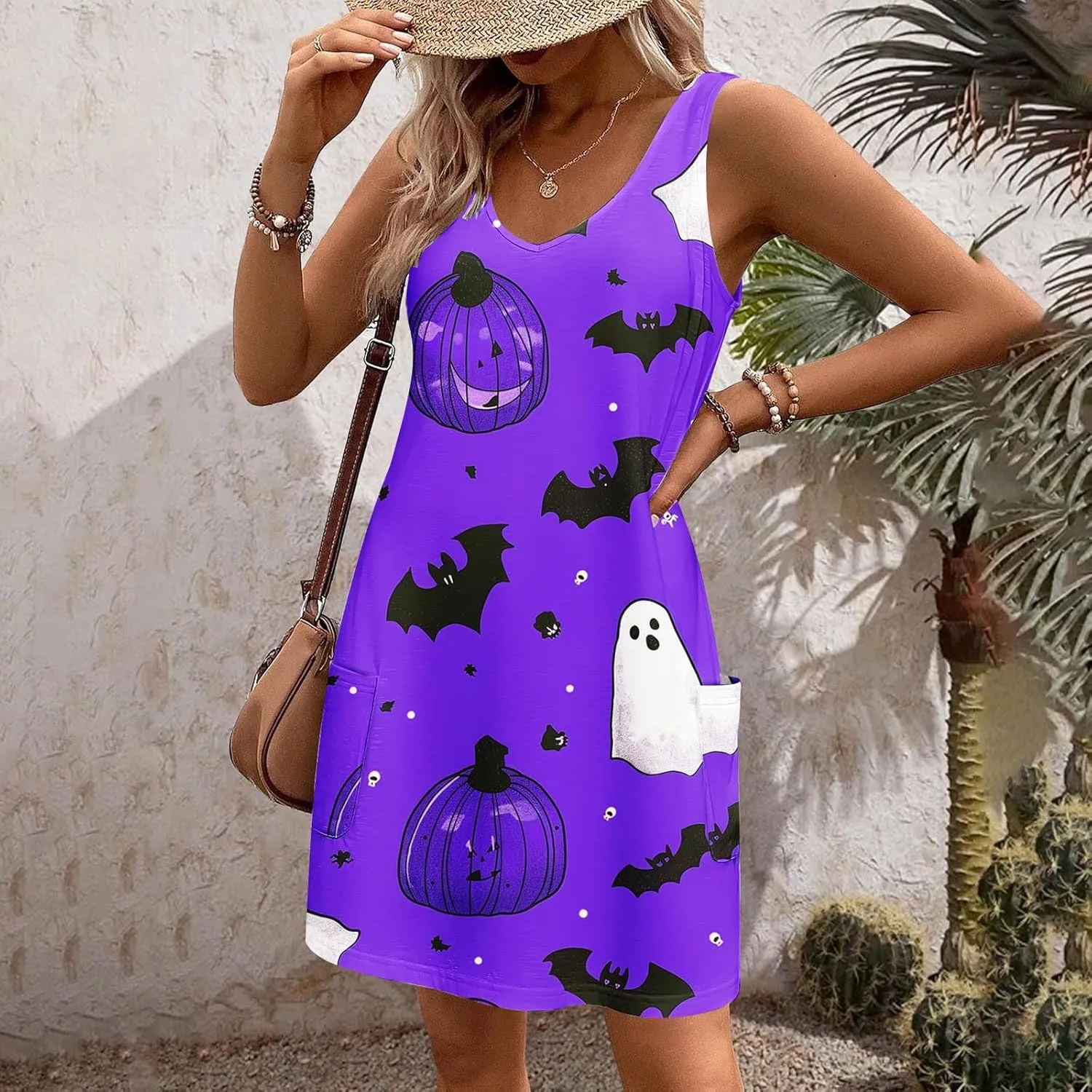 Women's Sleeveless Halloween Mini Dress Crew Neck Pumpkins Ghost Printing Cute Fashion Casual Dresses
