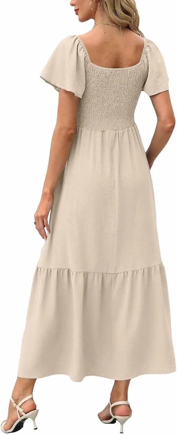 Women's Smocked Midi Dress Short Puff Sleeve Square Neck Tiered Beach Flowy Maxi Dress for Wedding Guest with Pockets