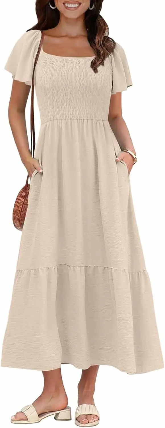 Women's Smocked Midi Dress Short Puff Sleeve Square Neck Tiered Beach Flowy Maxi Dress for Wedding Guest with Pockets