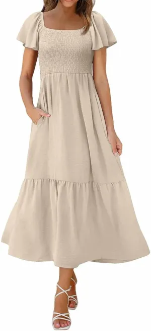 Women's Smocked Midi Dress Short Puff Sleeve Square Neck Tiered Beach Flowy Maxi Dress for Wedding Guest with Pockets