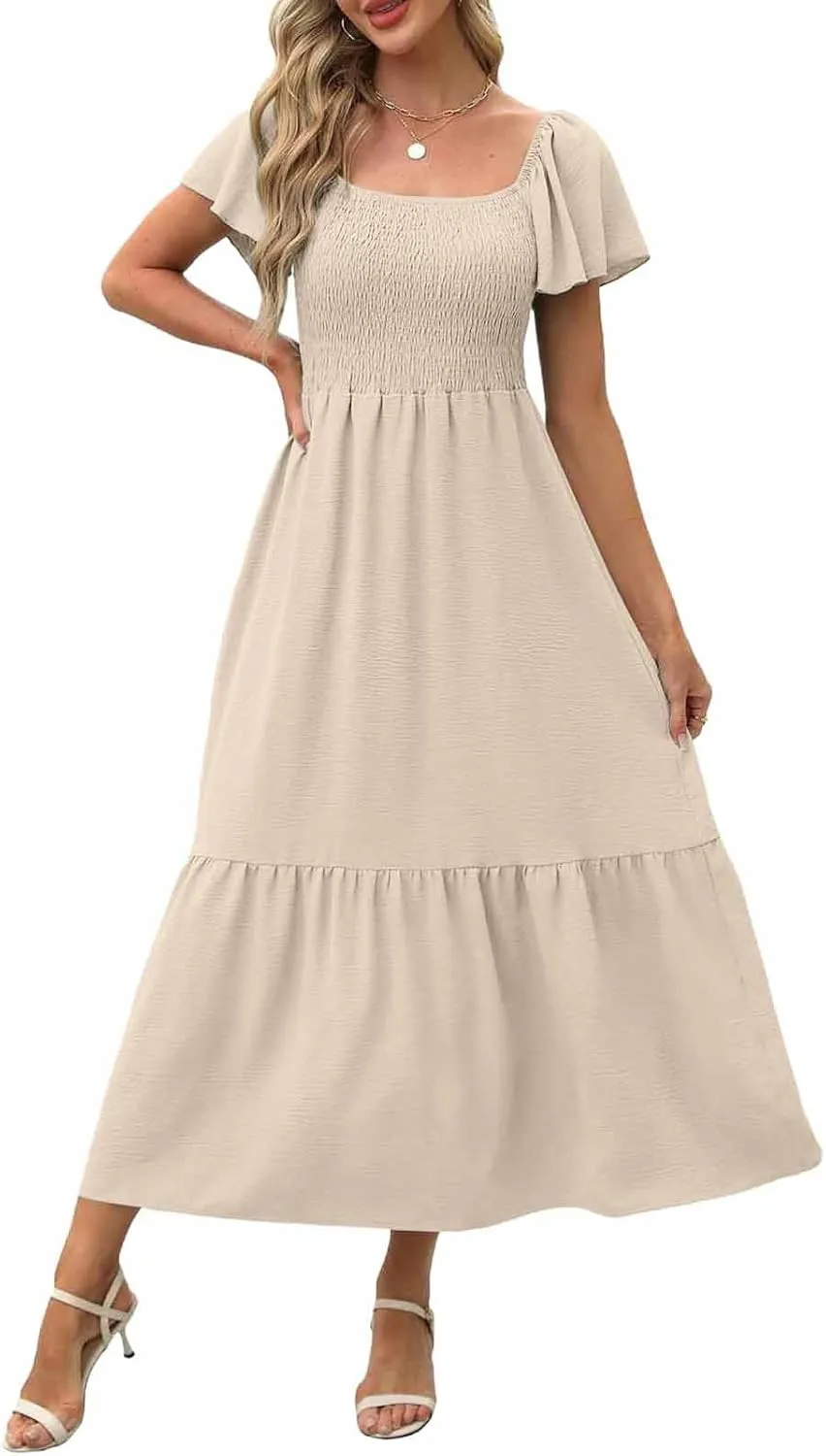 Women's Smocked Midi Dress Short Puff Sleeve Square Neck Tiered Beach Flowy Maxi Dress for Wedding Guest with Pockets