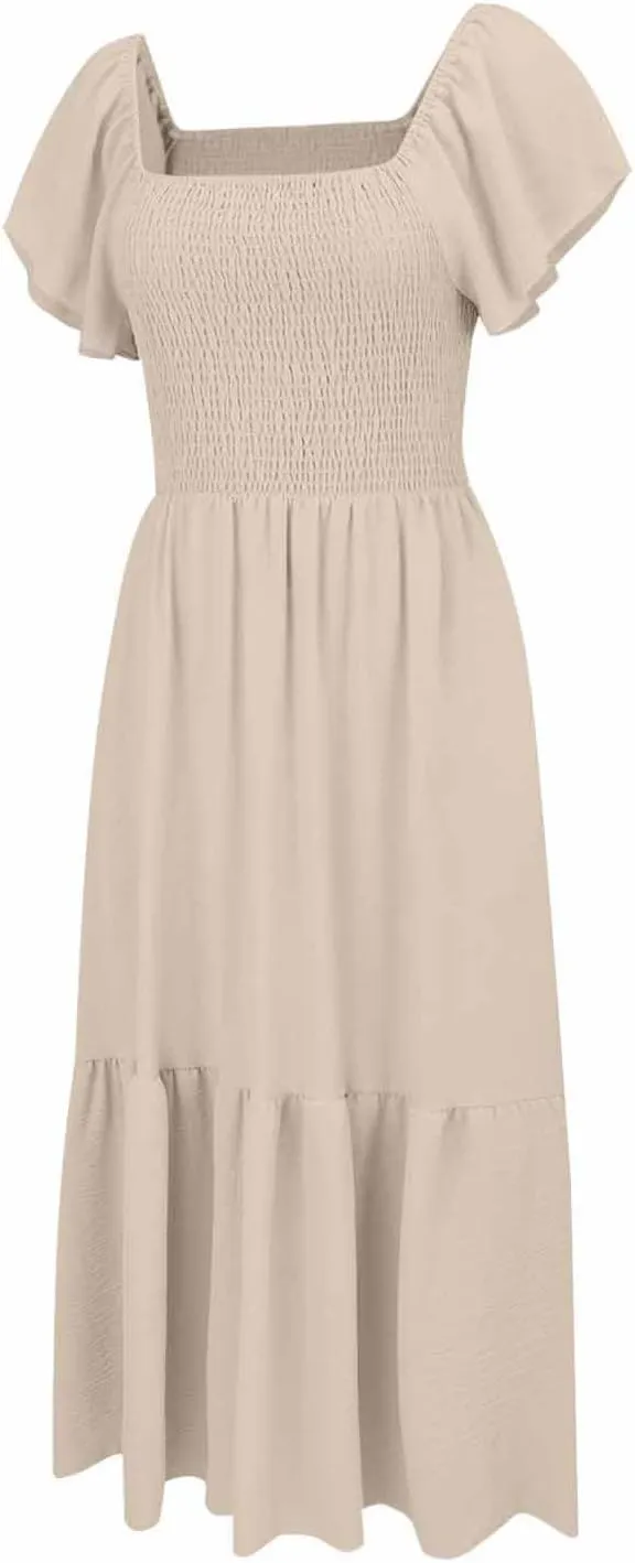 Women's Smocked Midi Dress Short Puff Sleeve Square Neck Tiered Beach Flowy Maxi Dress for Wedding Guest with Pockets