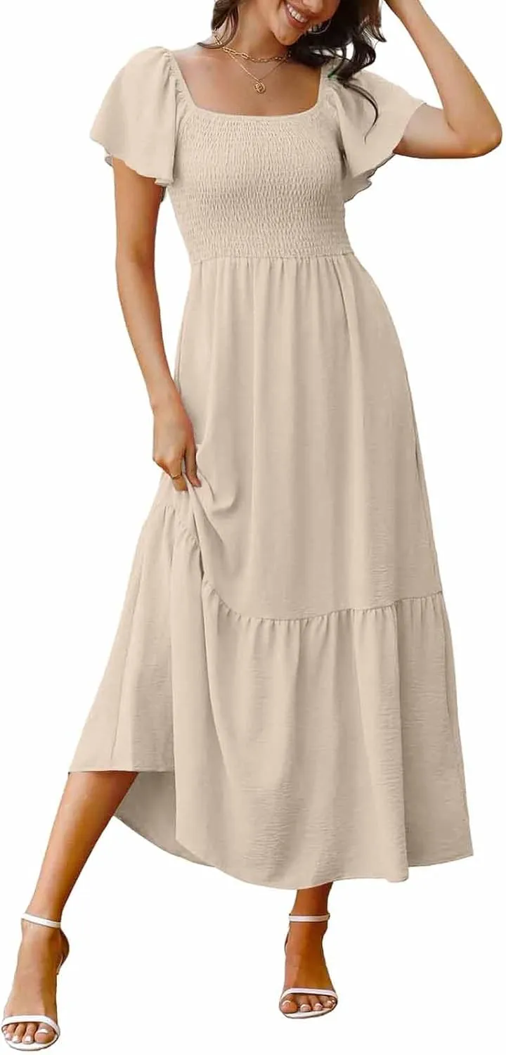 Women's Smocked Midi Dress Short Puff Sleeve Square Neck Tiered Beach Flowy Maxi Dress for Wedding Guest with Pockets